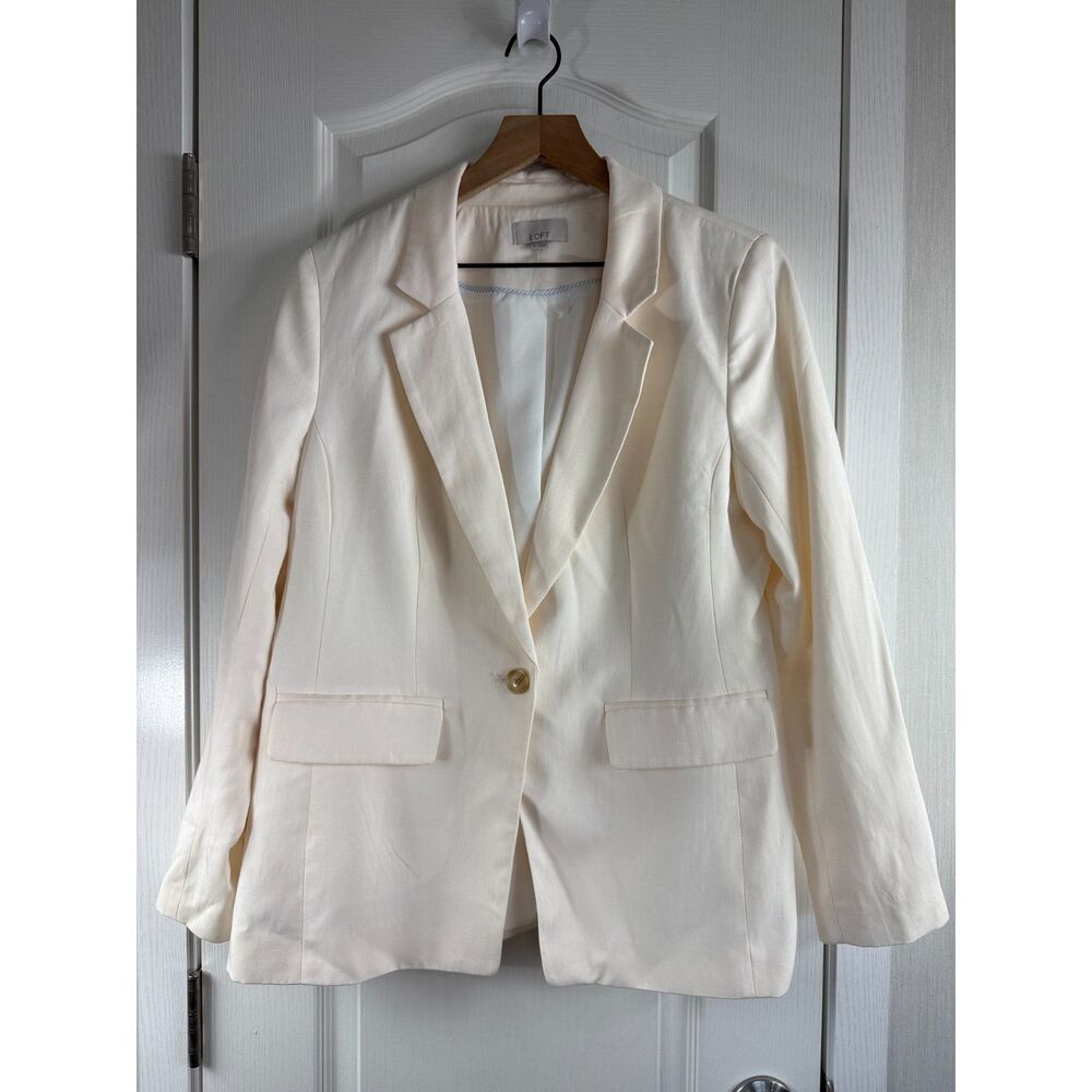 LOFT Women's Fluid Modern Blazer Ivory Cream Lyocell Polyester Linen Size 8